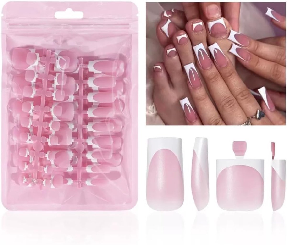 Nagels om op te plakken Set voor vingers en tenen, Press on Nails in French Tip uitstraling, Kunstmatige nageltips Full Cover Square, DIY manicure kit voor vrouwen, Wit, 60 stuks