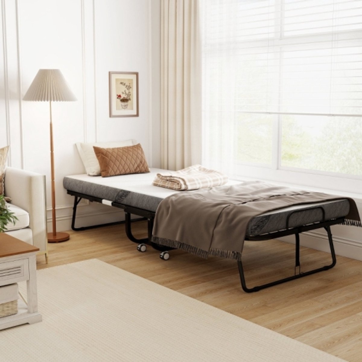 Opklapbed - Met wielen - Polyester - Wit
