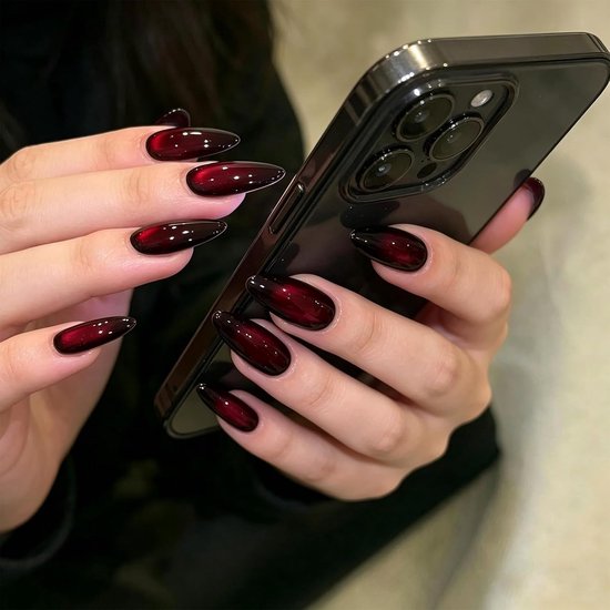 60 stuks Cateye Press On Nails Amandel, glitter zwart rood nagels om op te plakken, Sparkle Bling nepnagels, kunstnagels, herbruikbare kunstnagels om op te plakken voor vrouwen — afbeelding 3