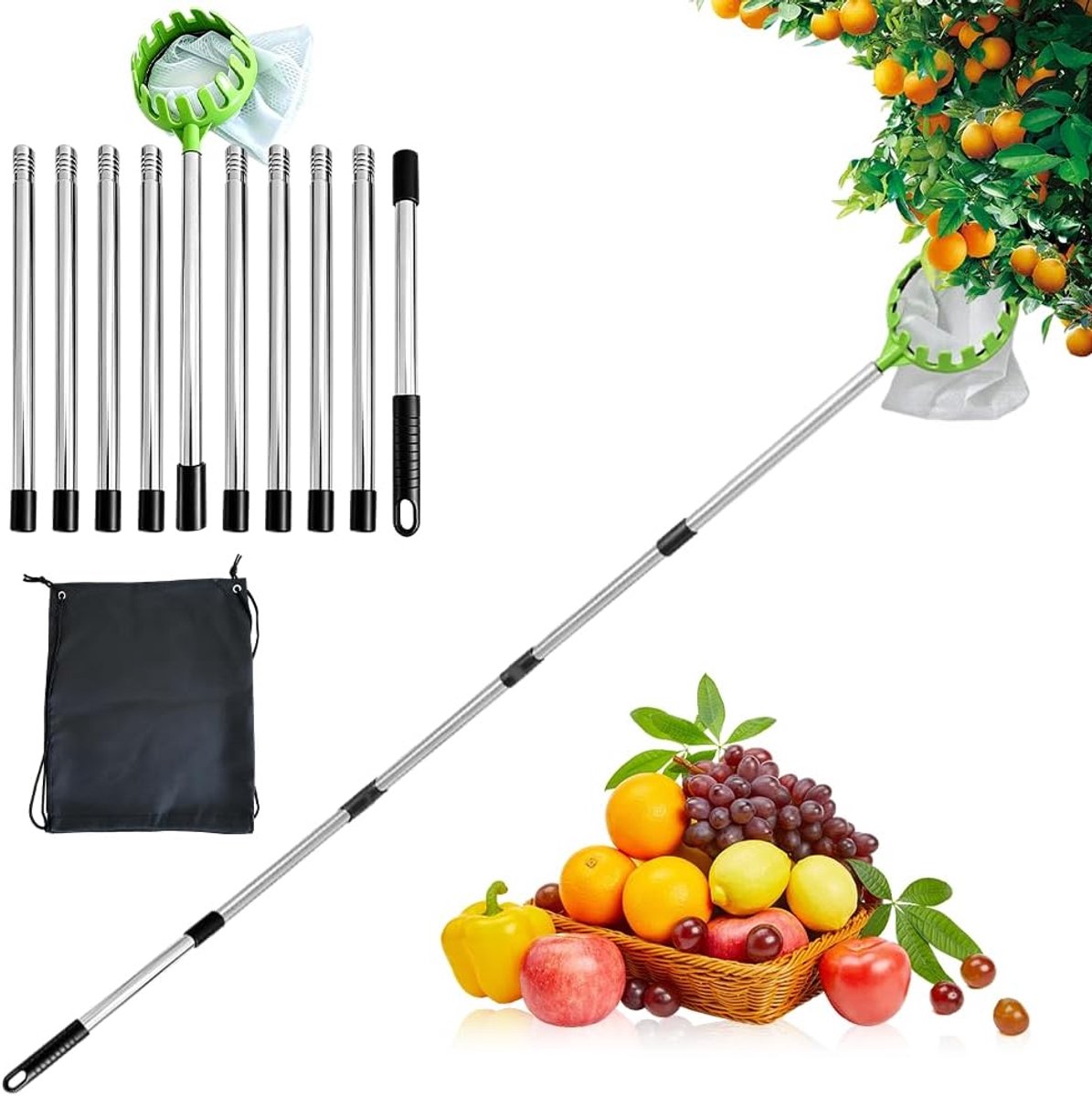 fruitplukker, 4 m, telescopische fruitplukker, roestvrij staal, appelplukker met katoenen zak (diameter 16 cm), R-stopper voor kersen, peren, perziken en citrusvruchten