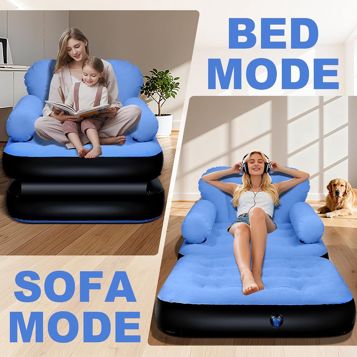 Opblaasbare Sofa Met Hoofdsteun En Gewatteerd Oppervlak Voor De Woonkamer, Opblaasbare Stoel Voor Volwassenen, Opblaasbare Luchtstoel Voor Buiten, Blauw