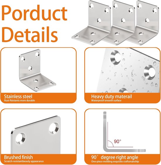 14 stuks hoekverbinders, 50 x 50 x 50 mm, roestvrij stalen hoek met 84 stuks schroeven, metalen hoek, zware belasting, L-klemmen, hoekhoek, 6 gathoeken voor meubels, tafel, stoel, kasten — afbeelding 2