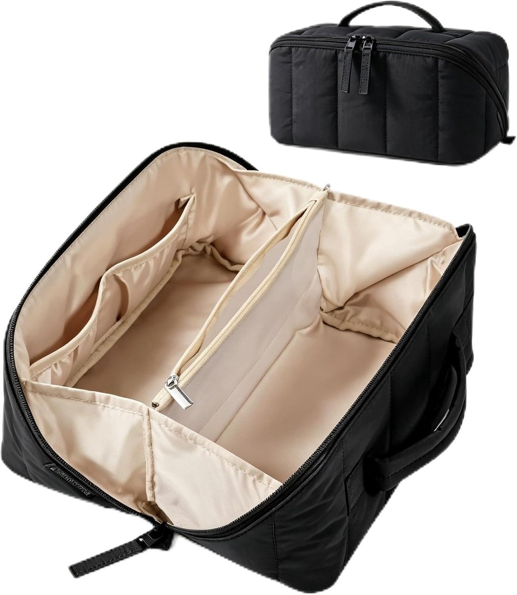 Cosmeticatas voor dames, reistoilettas, organizer met vakken, groot met handvat, waterdichte draagbare make-uptas, open make-uptas, platte toilettas voor toiletartikelen, kwasten, zwart, 9,65" x 5,11