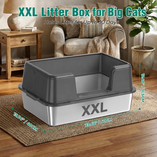 Kattenbak XXL RVS - Kattenbak Groot Half Open - Katten Toilet met Hoge Rand en Zeef - Inclusief Schep en Anti-Slip Mat - 60x40x31,5 cm