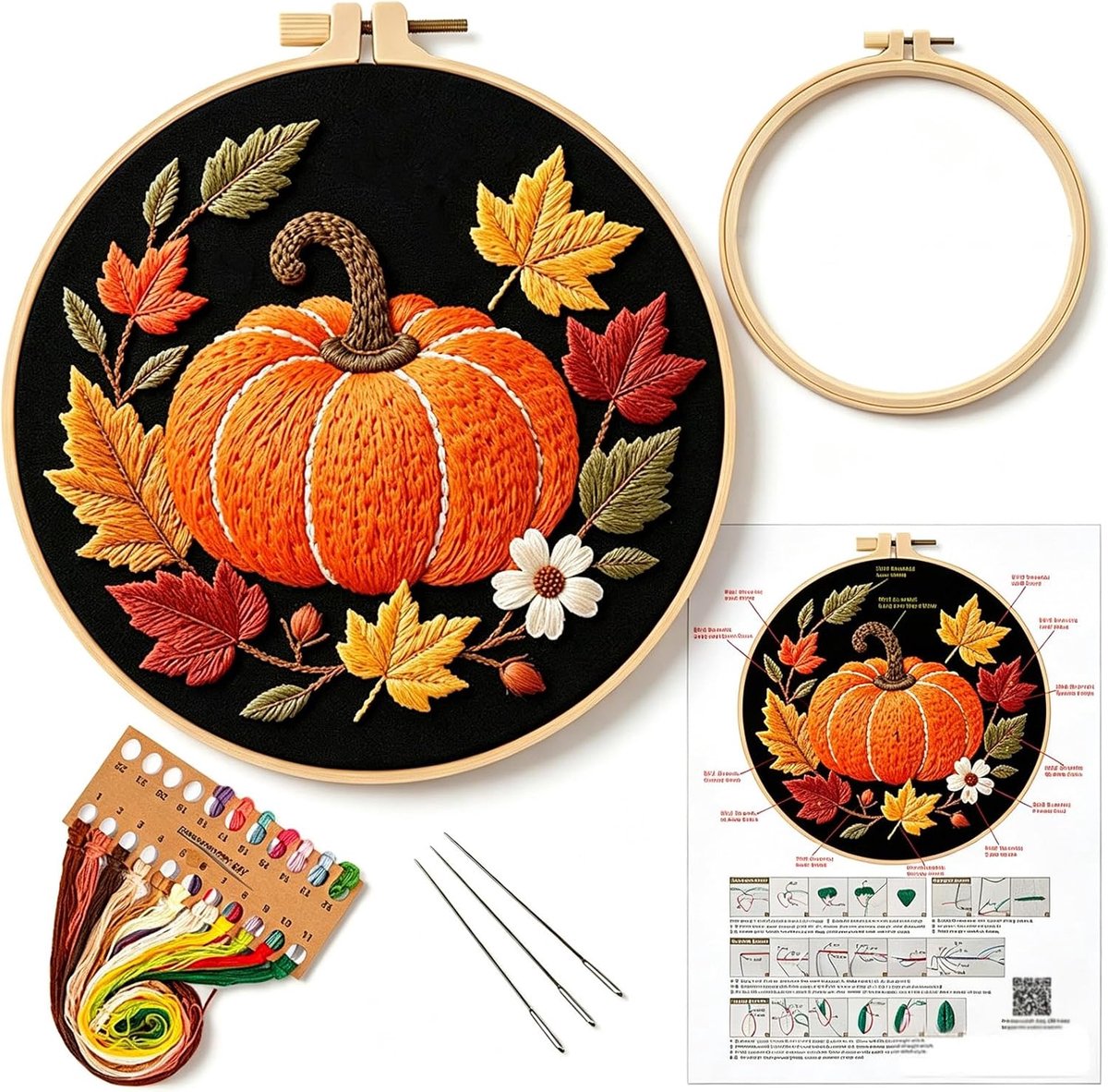 Beyinkoy-borduurpakketten met pompoenen, Halloween-borduurpakket met herfstbladeren inclusief borduurring, garen en naalden, doe-het-zelf-borduurpakket voor beginners, borduurring van 20 cm (CX1389)