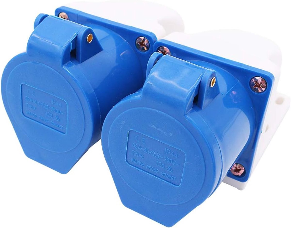 2 stuks Power Plus 32 AMP stopcontacten voor opbouwmontage, 220-250 volt, 3-polig (IP44), koppelingsstopcontacten, blauw