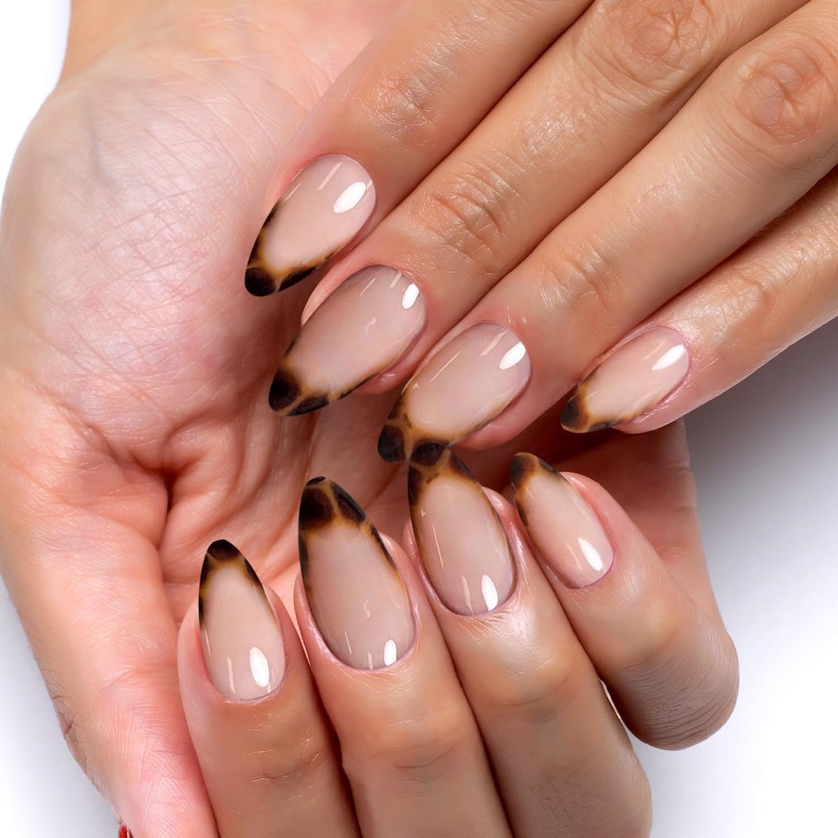 24 Stuks Kunstnagels French Tip | Herbruikbare Press on Nails Kort Amandelvorm | Jelly Gel Amber Nude Roze voor Dames Manicure DIY