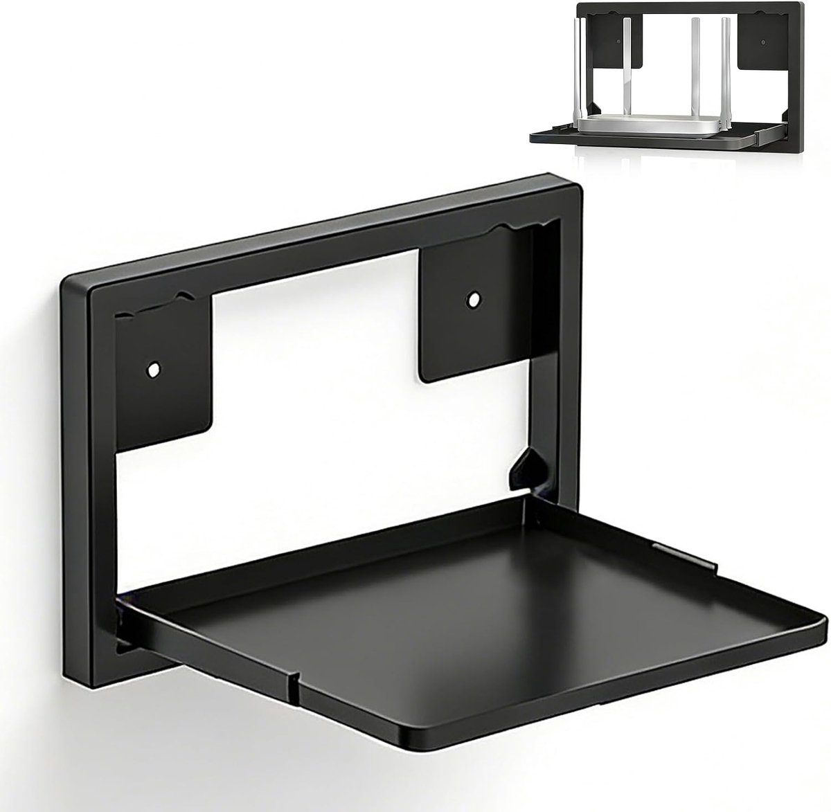 wandhouder, opvouwbare routerkast, wandrek, zonder boren, zwart, wifi-box, plank, houder voor routers, tv-box, hifi, spelconsoles, 27,6 x 21,6 x 2 cm