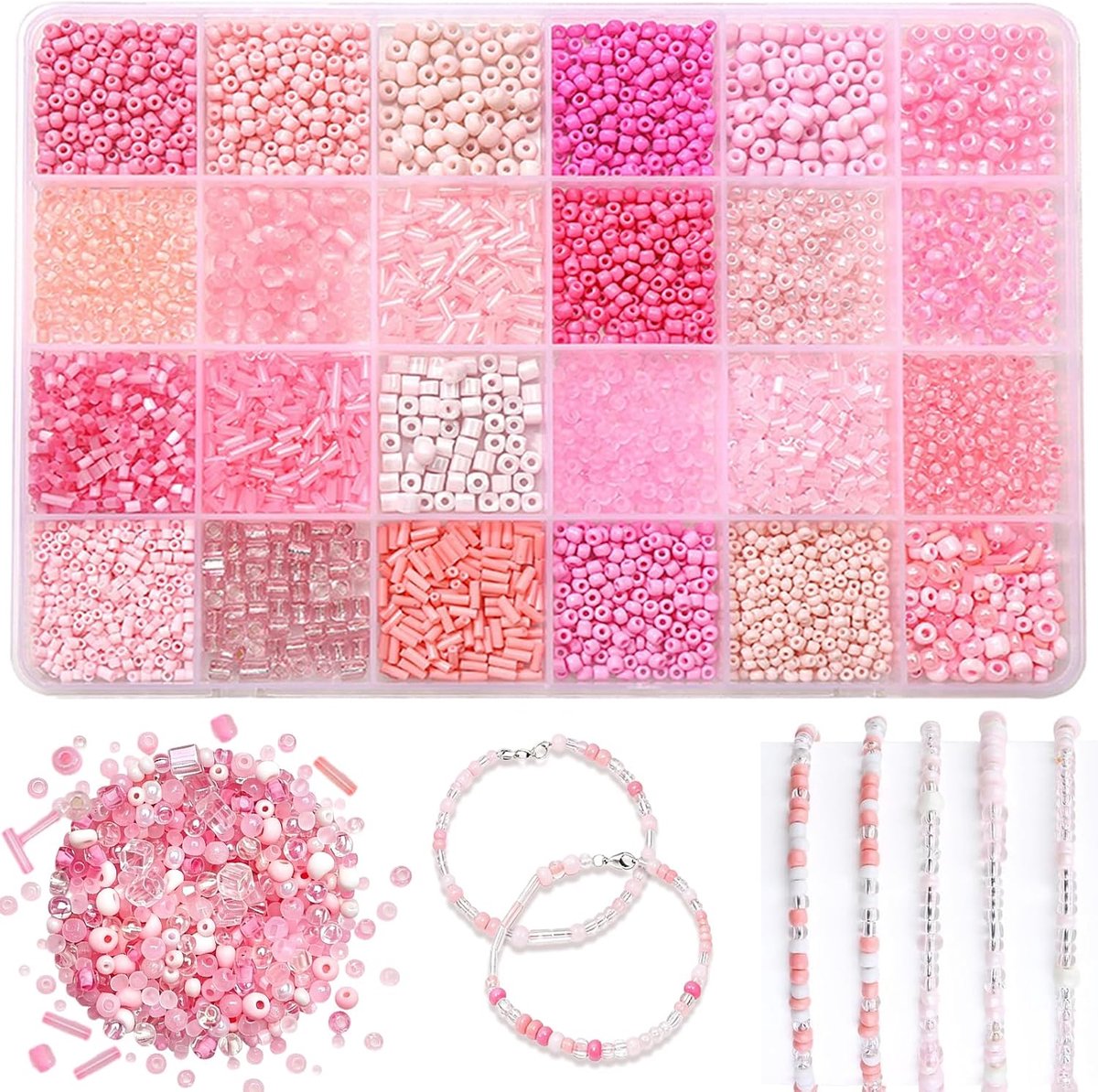Kralenset, 3 mm, 24 kleuren, rocailles-kralen om te rijgen, kleine glaskralen voor armbanden en halskettingen, mini-zaadkralen, doe-het-zelf sieraden maken met opbergdoos (roze)