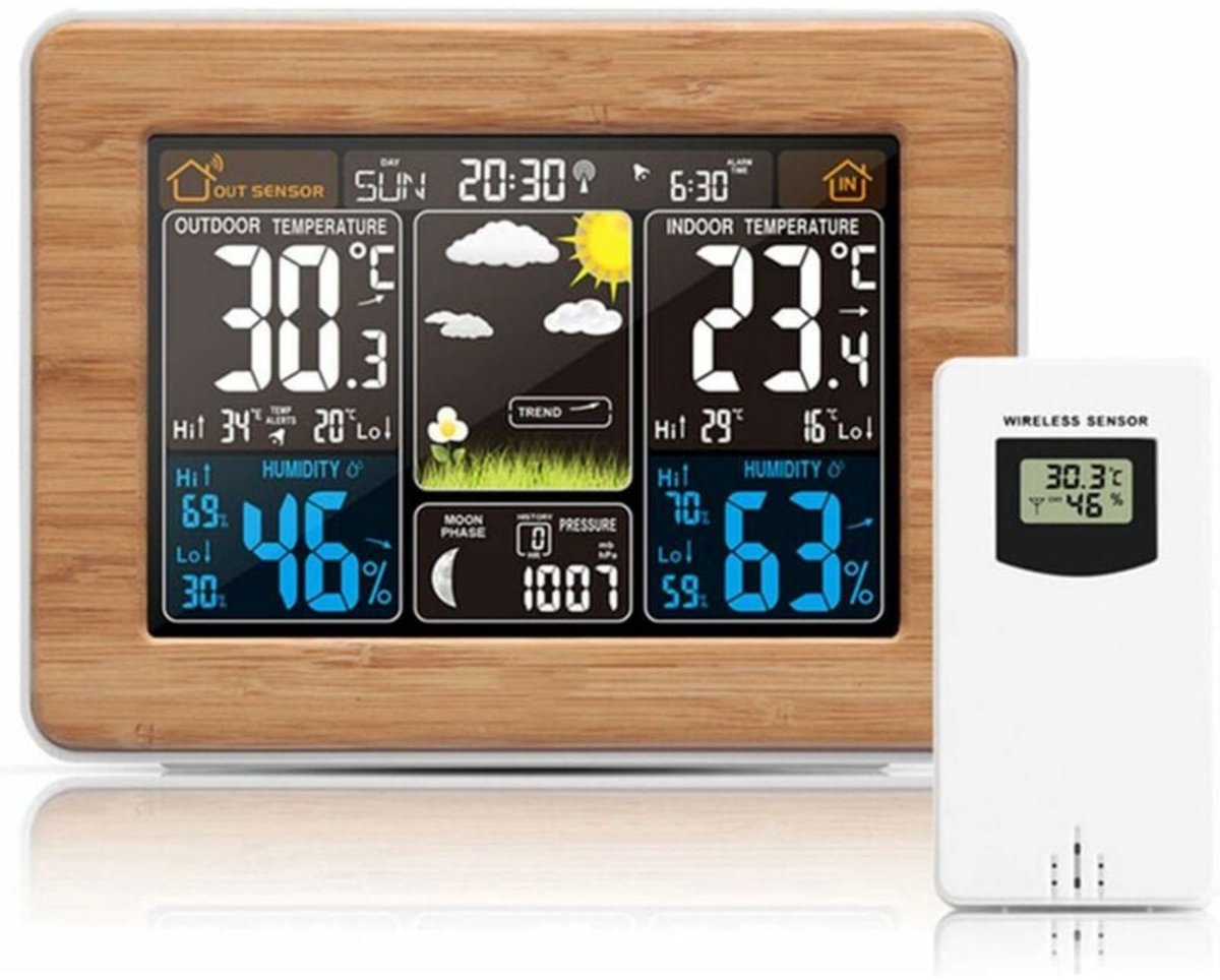 Weerstation Draadloos – Binnen/Buiten Thermometer – Kleurenscherm – 7 Weersvoorspellingen – Houtlook