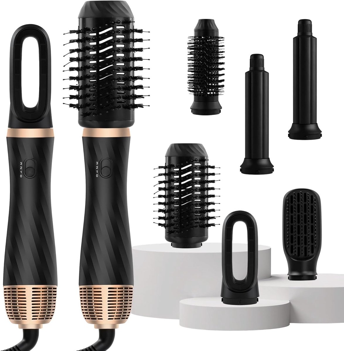 6-in-1 krultang, haarstyler - 6-in-1 haarstyler, krultang, warme lucht curler, 1000 W haarstyler, warme luchtborstel, warme luchtborstel met 6 reserves, voor het gladmaken van haar, drogen - zwart