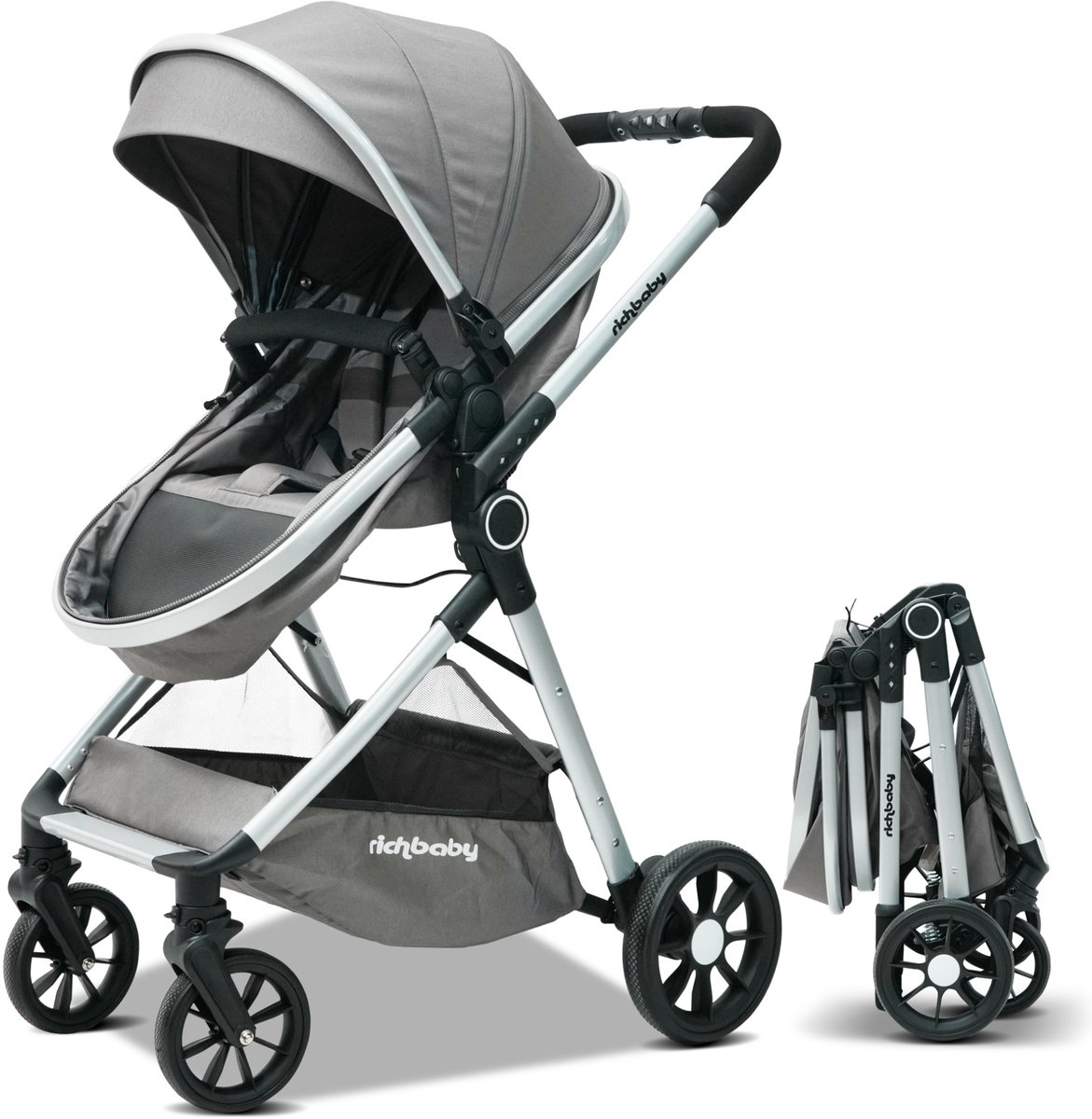 REDOM - Baby kinderwagen naar wieg - 2-in-1 omkeerbare zitting - Verstelbare zonnekap - Snel opvouwbaar - Hoog model - Voor buitengebruik - Stof en mesh - Grijs - 80 x 62 cm