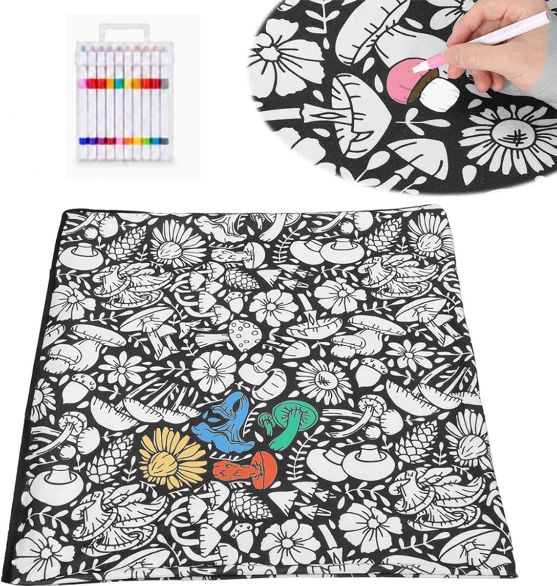 DIY Kleurdeken Met 12 Stiften - 150 × 125 Cm - Paddenstoelpatroon - Wasbaar - Kleurdekens Voor Volwassenen - Fluwelen Kleurdeken - Gezellige Woondecoratie - DIY - Geschikt Voor Thuisgebruik, Feestjes En Groepsactiviteiten