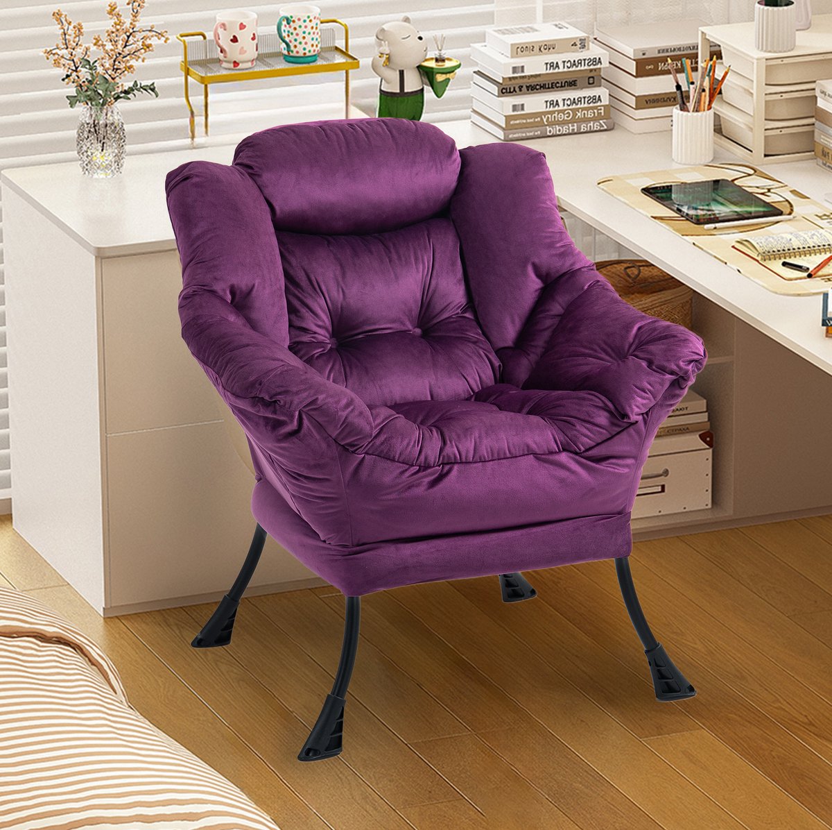 REDOM - Fauteuil - Lazy chair - Metalen frame met armleuningen en zijvak - Gewatteerde zitting - Scandinavisch & Basic - Woonkamer slaapkamer balkon - Velvet - Paars - 95 x 81 x 40 cm