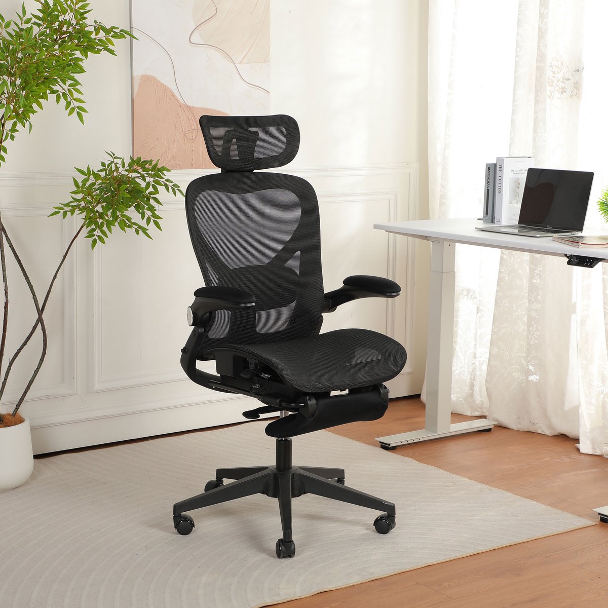 Opvouwbare ergonomische bureaustoel-3D verstelbare hoofdsteun-verstelbare lendensteun-ademende mesh bekleding-draaibare armleuningen-uittrekbare voetensteun-kantelfunctie-bureaustoel voor kantoor studie en gaming - zwart