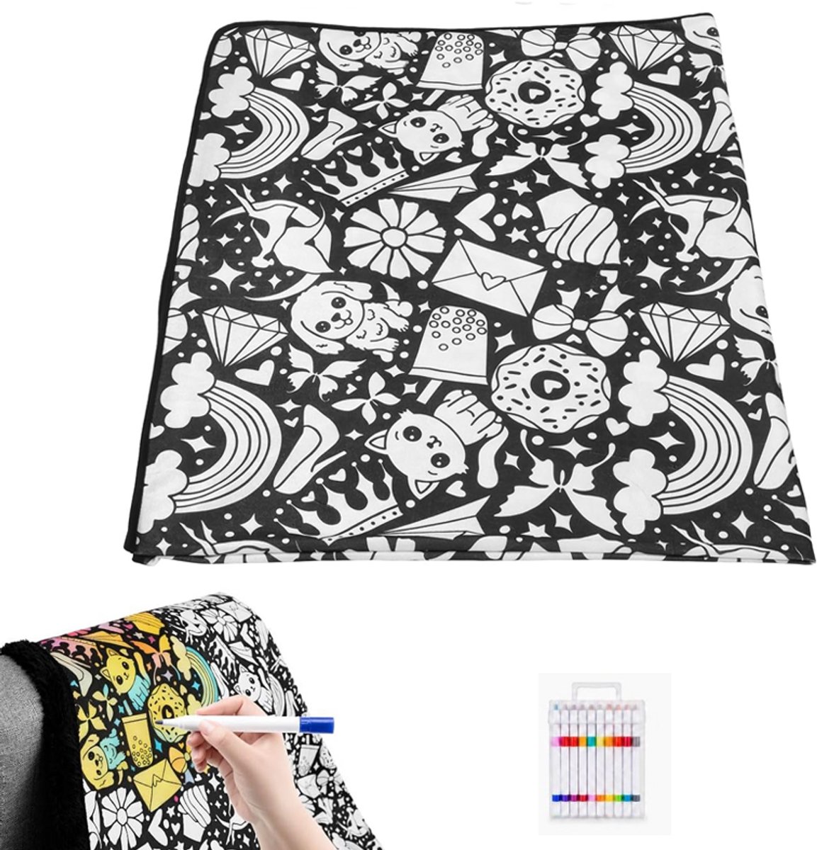DIY Kleurdeken Met 12 Stiften - 150 × 125 Cm - Wasbaar - Kleurdekens Voor Volwassenen - Fluwelen Kleurdeken - Geschikt Voor Persoonlijke Artistieke Creaties - Gezellige Woondecoratie - DIY - Geschikt Voor Thuisgebruik, Feestjes En Groepsactiviteiten