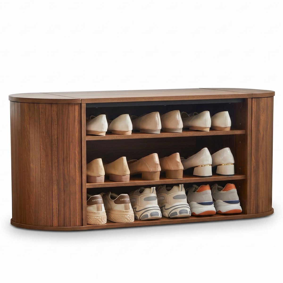SensaHome Japandi Schoenenbank – Schoenenrek & Schoenenkast met Open Vakken – Ovaal Entreemeubel – 100x35x43 cm – Walnoot