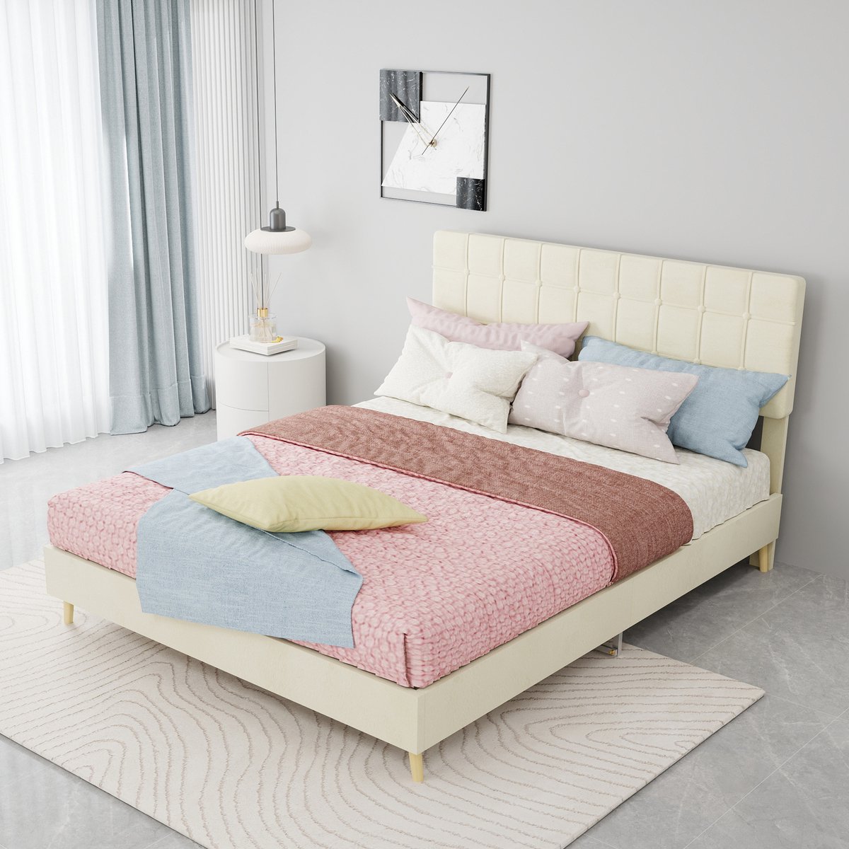 Gestoffeerd bed - Met hoofdbord - Fluweel - Beige