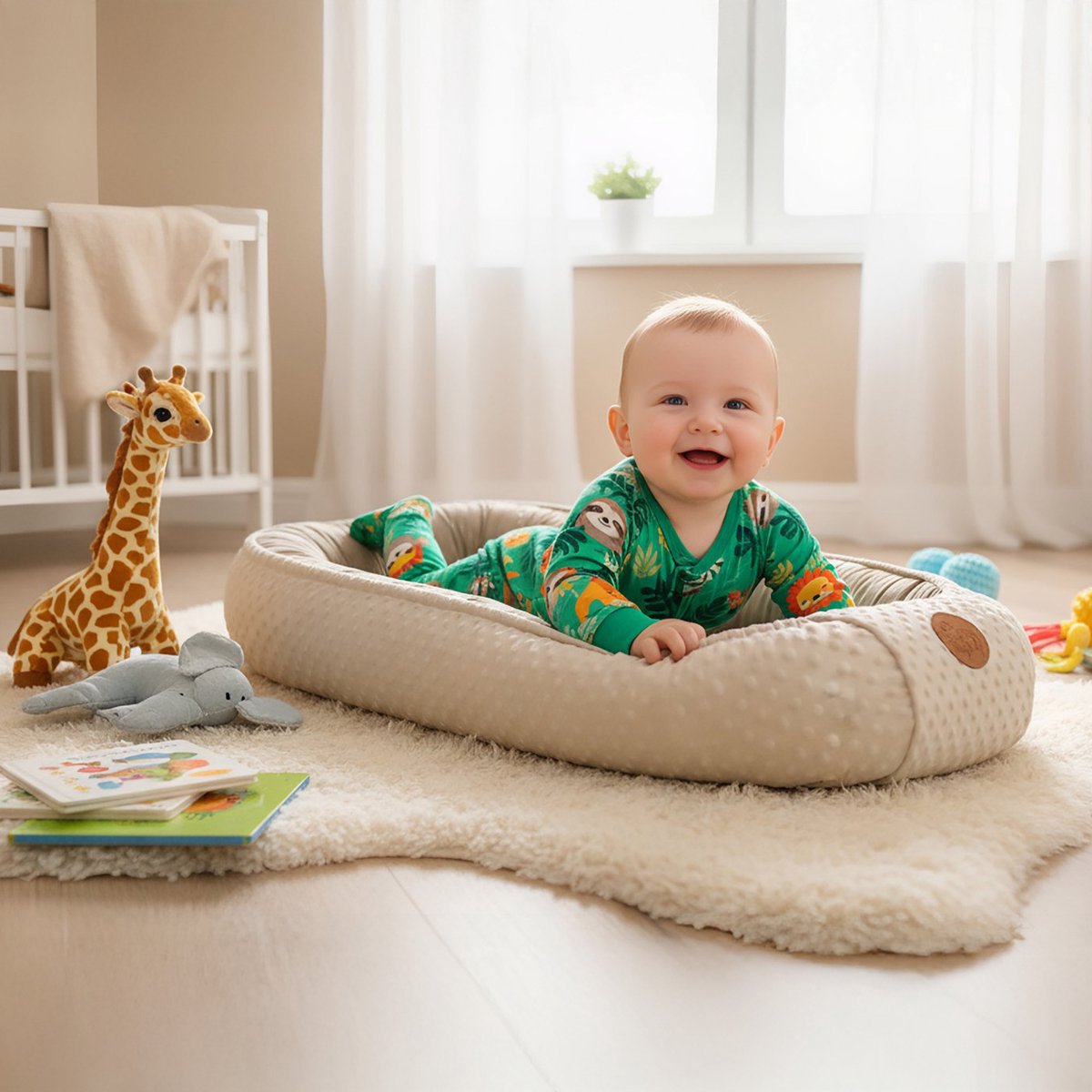Knus Baby Nestje Pasgeborene – zacht draagbaar en comfortabel Nest voor Ledikant Kinderbed Wieg Babykamer en Onderweg – behaaglijk voor Jongen & Meisje 90x50 cm Beige met Witte Sterren – foto 6