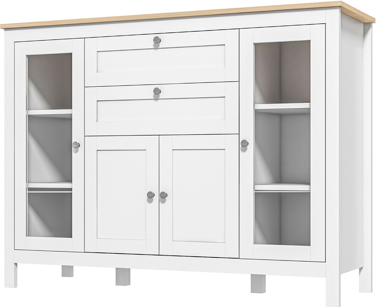 Eetkamerdressoir met 2 glazen deuren, 120 x 40 x 90 cm, verstelbare planken, 2 laden, 1 kast van natuurlijk hout en wit