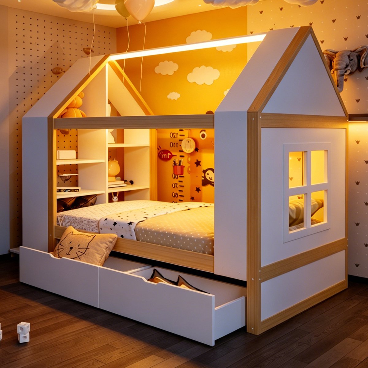 Kinderbed 90*200 cm, Eenpersoonsbed, Huisvormig Ontwerp, Met Twee Lades, Ledverlichting, Opbergruimte, Multifunctioneel Bed, Geschikt Voor Kinderen En Tieners-Natuurlijk