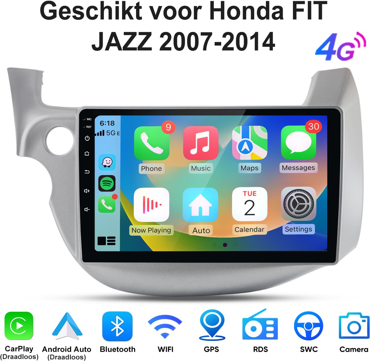 JUNSUN Android 15 Autoradio Geschikt voor Honda FIT JAZZ 2007-2014 - 4+64 GB - Draadloos Carplay & Android Auto - GPS-navigatiesysteem - Bluetooth - 10 Inch TouchScreen - Stuurwielbediening - WiFi - FM - USB