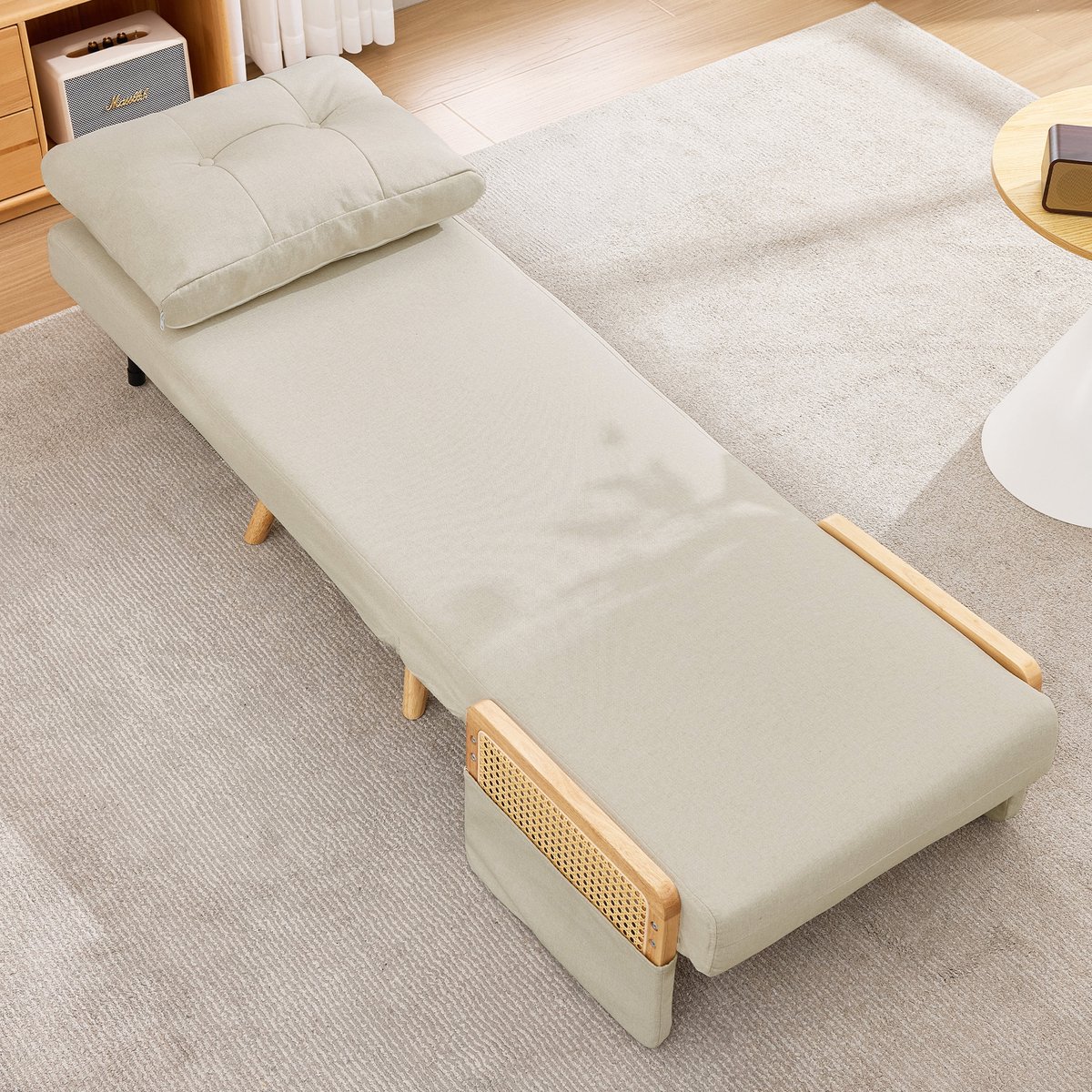 3-in-1 slaapstoel met slaapfunctie - uitschuifbare loungestoel en gastenbed - met verstelbare rugleuning en rotan armleuningen - beige