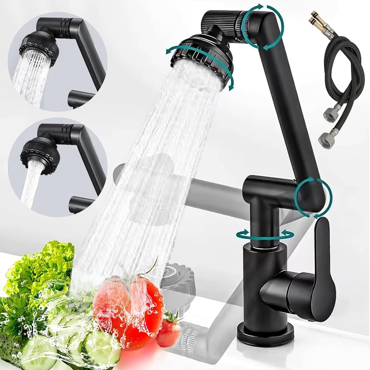 Keukenkraan - TENZHVXI® - Met zwenkarm - 1080° draaibaar - 2 straalsoorten - Warm/koud water - Spatbescherming - Inclusief slang - Duurzaam keramisch binnenwerk - Voor badkamer of keuken - Zinklegering - Zwart