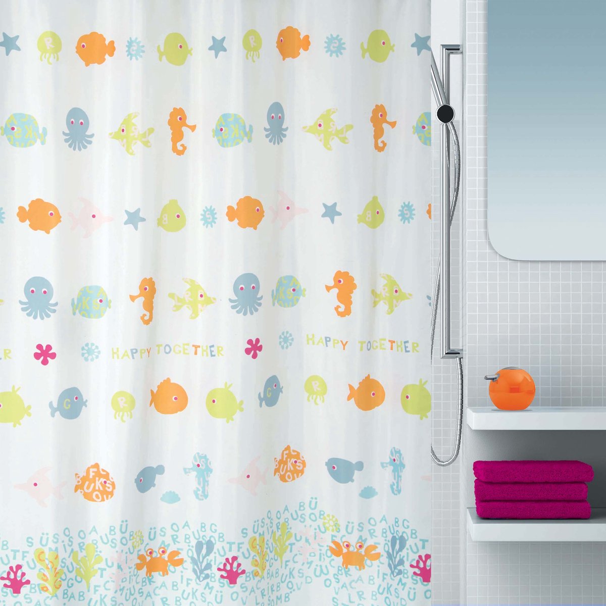 Spirella Textiel Douchegordijn Happy Fish - Badkamergordijn 180x200 cm - Polyester Douche Gordijn Multicolor met 12 Ringen Ogen