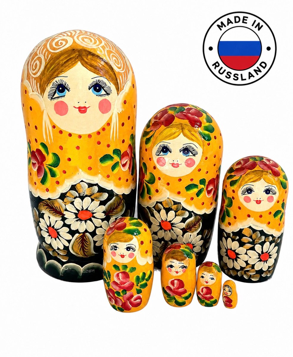 Houten Matroesjka poppen, Russische,babushka, 23 cm hoog 7 delig handbeschilderd- geel groen