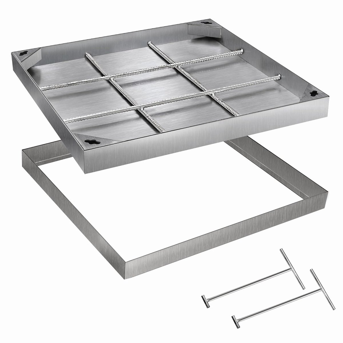 uyoyous Schachtafdekking, 300 x 300 mm, 201 roestvrij staal, verzonken schachtdeksel met frame, onzichtbare schachtafdekking met 2 handgrepen, vierkant, voor binnen en buiten