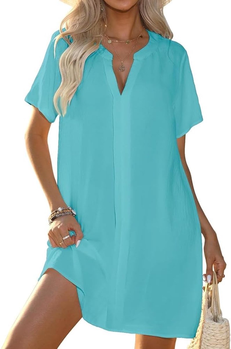 Strandjurk voor dames, V-hals, bikini, cover-up, korte mouwen, zomerjurk, losse strandponcho, casual strandkleding