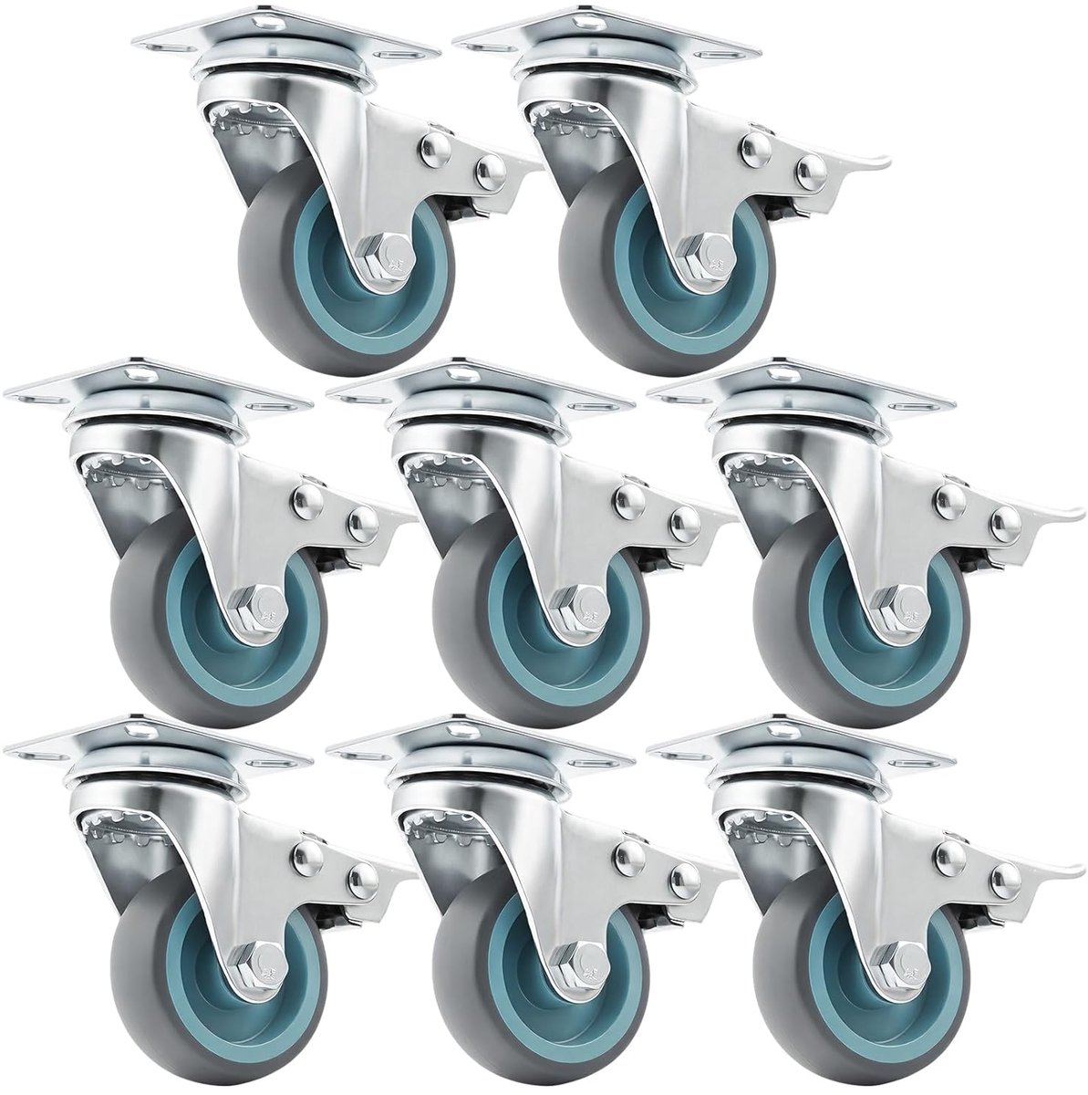 8 stuks zwenkwielen met rem, 50 mm zware wielen, TPR-meubelwielen, wielen voor meubels, 50 kg per wiel, transportwielen, werkbank, gereedschapswagen, pallets