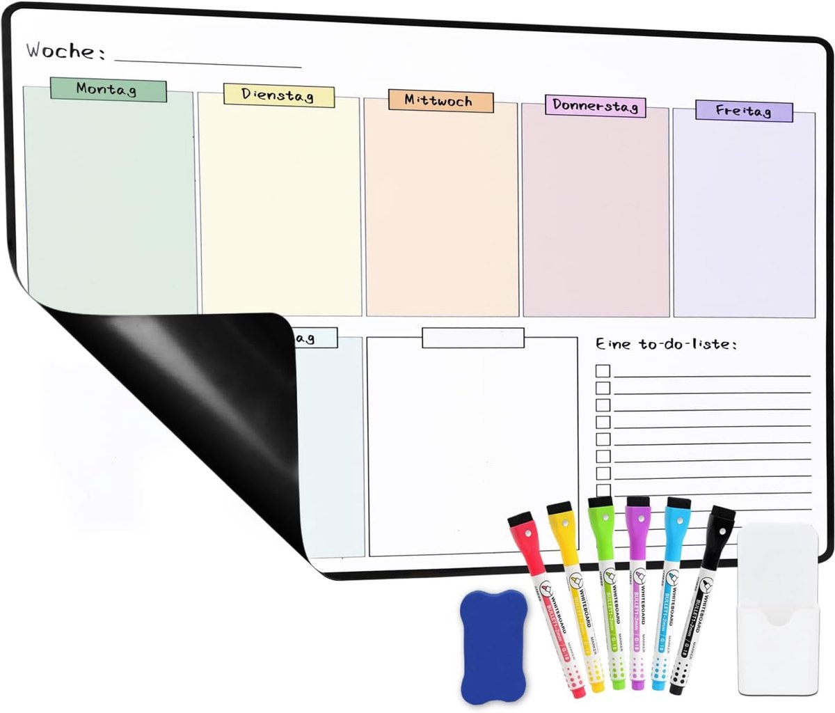 planner, afwasbaar, 40 × 30 cm, magnetisch whiteboard | Wekelijkse planner, droog afwisbare whiteboardfolie, plannermagneten voor gebruik als dagplan of to-do-lijst