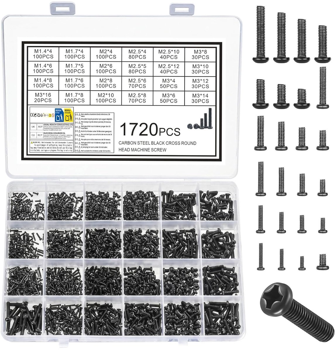 Computerschroevenset M1.4 M1.7 M2 M2.5 M3 schroeven voor brillen, kleine schroeven, set met schroefdraadschroeven, M.2 SSD-schroeven, kruisschroeven met ronde kop voor laptop, pc