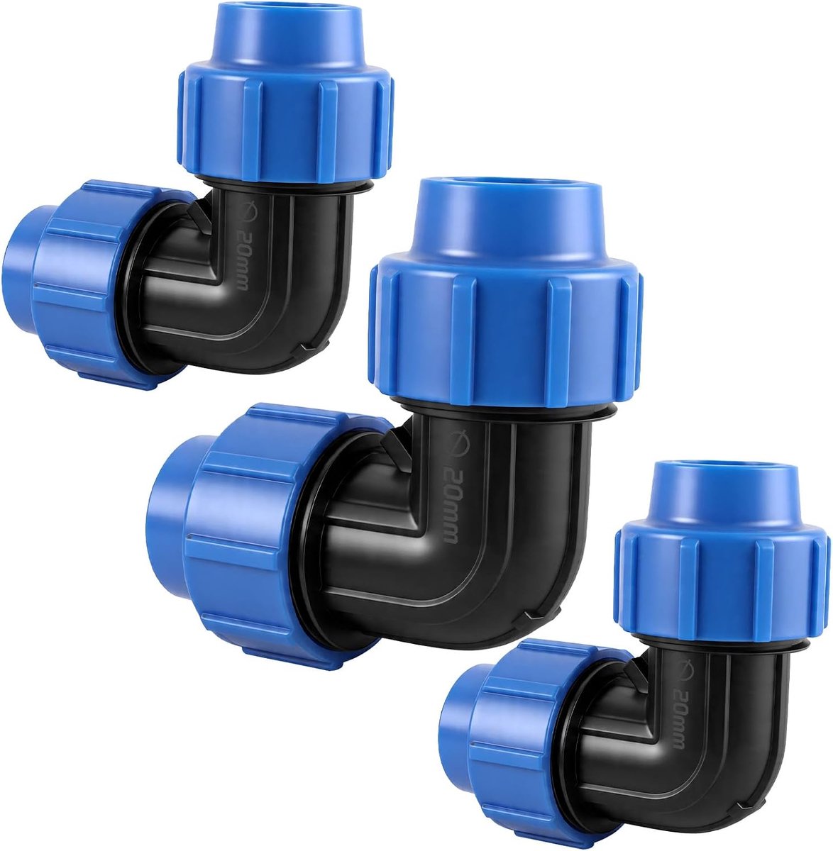 3 stuks 20 mm PE-buishoek 90° schroefverbinding, klemverbinder, PP-fitting met kogelkraan, geschikt voor tuinirrigatie