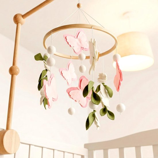 Mobiele vilten hangdecoratie, windgong, mobiele vilten decoratie met vlinder, bloemen en bladeren, mobiele babybed, aankleedtafel voor bed, babymobiel, 22,5 cm, vilten hanger, kamerdecoratie — afbeelding 4