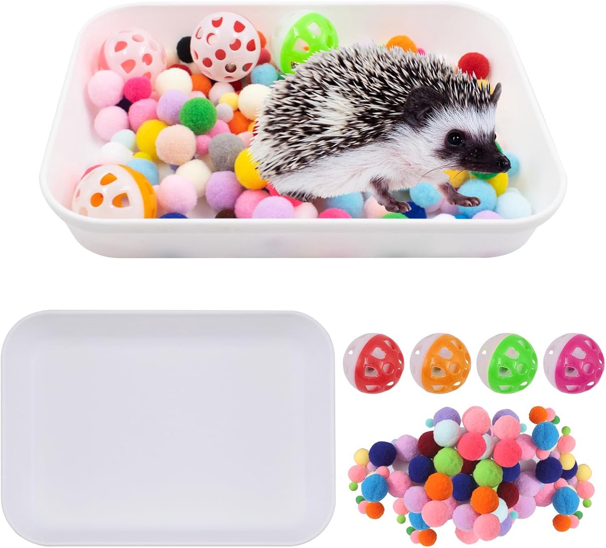 Egelkooi-accessoires, grafkist, egel, speelgoedset met 360 pluche ballen en 8 belletjesballen voor hamsters, kittens en andere kleine dieren, 23,5 x 17 x 4 cm