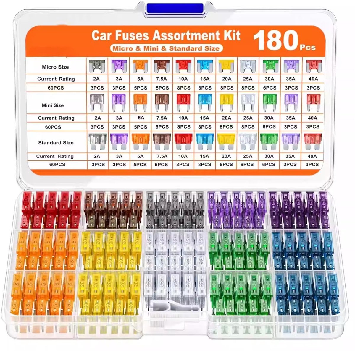 180 stuks autozekeringen, 60 mini + 60 standaard + 60 micro autozekeringen + zekeringtrekker, gemengd assortiment 2A 3A 5A 7,5A 10A 15A 20A 25A 30A 35A 40A voor auto, camper, motorfiets