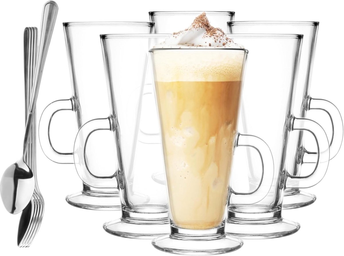 Krosno Glazen Set 0,25 Liter Met Lepel Koffieglazen Theeglazen Koffie Thee Glas Latte Macchiato Glazen Drinkglazen Waterglazen Vaatwasserbestendig Glasses Kleine 6 X 250 Ml