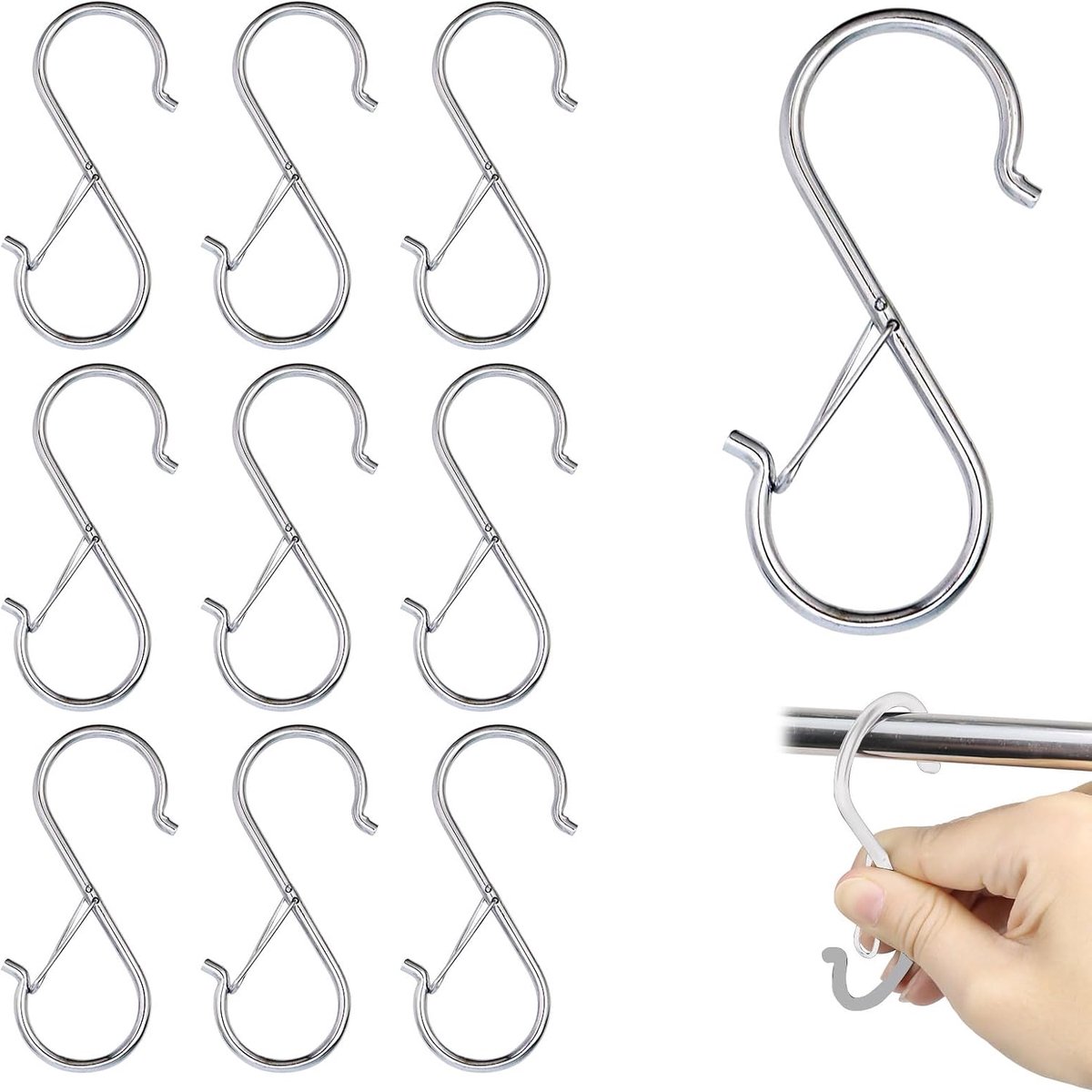 S-haken om op te hangen, 9,3 cm, S-haken, roestvrij staal, haken met zekering, metalen haken om op te hangen, anti-drop-haken voor keuken, badkamer, tuin, slaapkamer, buiten