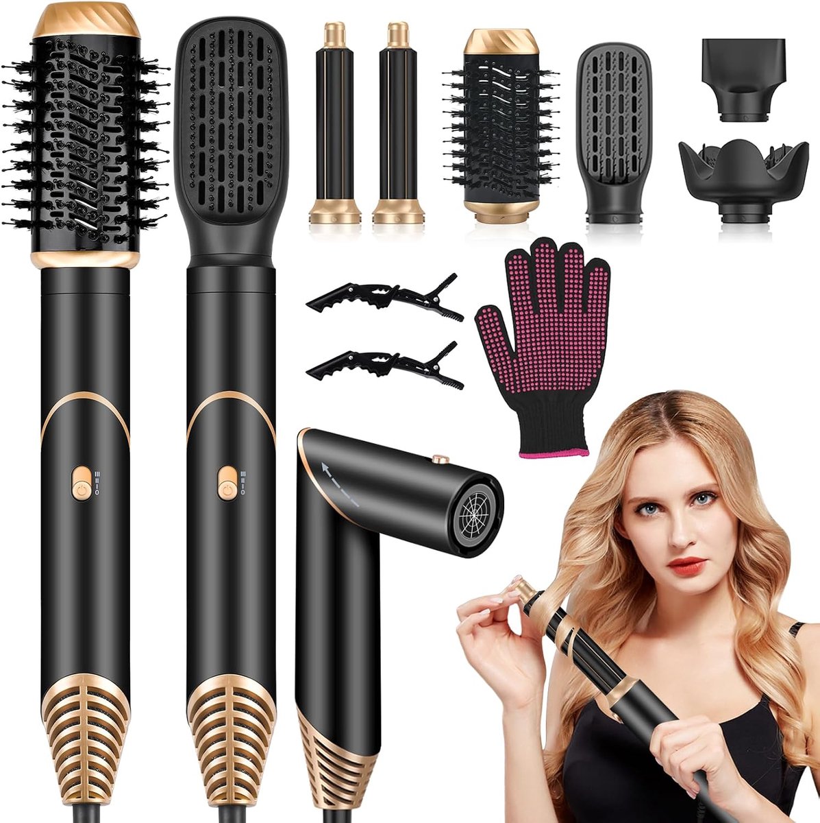 6-in-1 Airstyler Set, Opvouwbare Ionische Föhn, Heteluchtborstel, Automatische Krultang, Stijltang, Volumeborstel & Diffuser, Haarstylingset voor Krullen, Stijlen, Volume en Styling | Haarstyling, borstelset