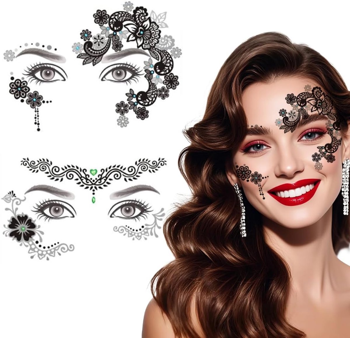 Zwarte strass-gezichtsstickers, 2 vellen met edelsteenstickers, decoratie voor festival, maskerade en feestmake-up