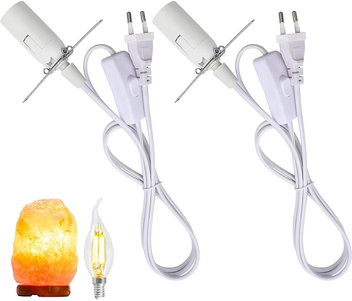 2 stuks kabels met schakelaar voor zoutlamp, lampfitting E14 met 1,8 m lampkabel en schakelaar, E14-fitting met EU-stekker, zoutlamphouder, wit, voor lampophanging zoutlamp, plafondlamp, doe-het-zelf