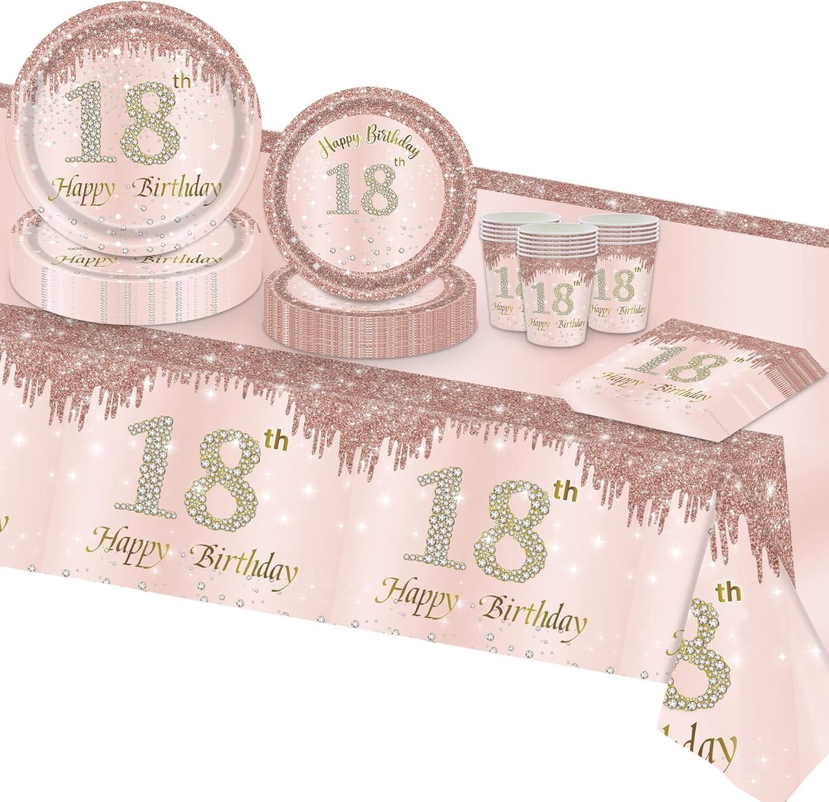 Rose Gold 18 verjaardag decoraties partij servies set, wegwerp papieren feestborden kopjes servetten tafelkleed voor haar meisje 18e verjaardagsfeestje decoraties (16 gasten) (verjaardag 18)