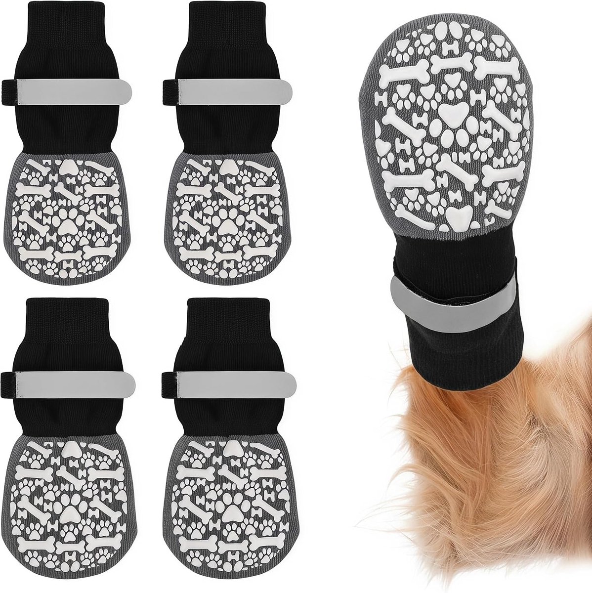 2 Paar Hondensokken Outdoor, Antislip Hondensokken, Verstelbare Dubbelzijdige Antislipsokken voor Honden, Pootbescherming voor Honden voor Harde Houten Vloeren Binnenshuis en Buiten (Zwart-wit, s)