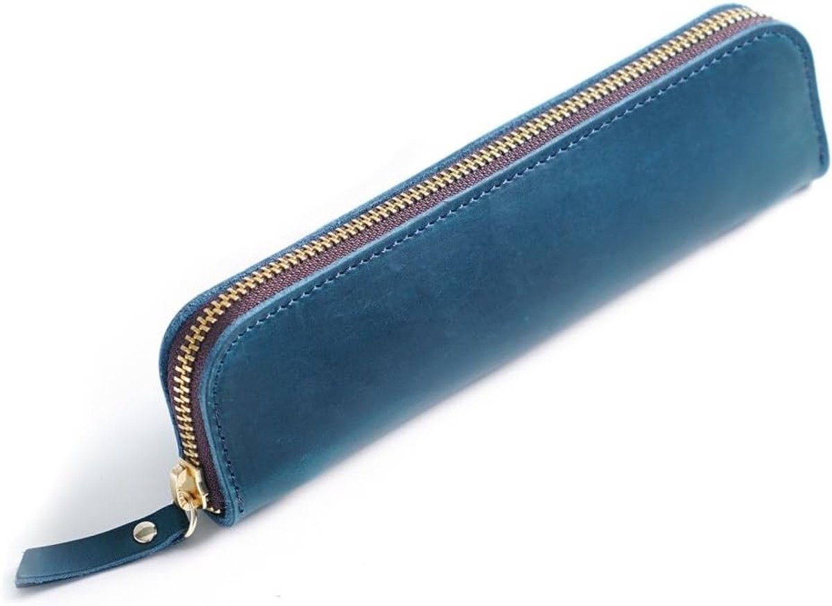 Lederen etui, vintage etui, pennenetui, retro pennenetui met 4 pennenlussen en ritssluiting voor balpen, vulpen, penseel enz., pan blauw, elegant/klassiek