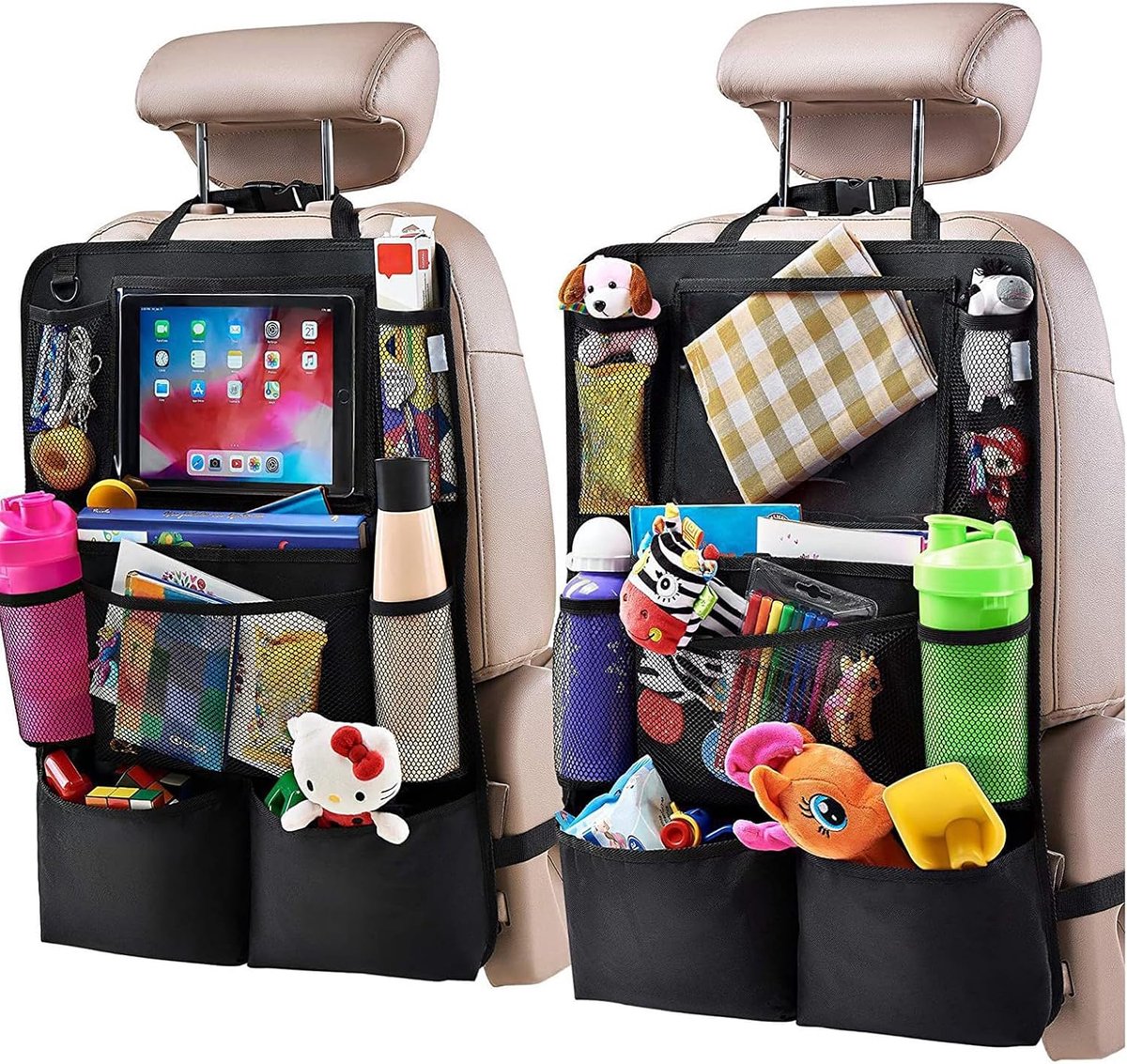 Auto-organizer voor kinderen, 2 stuks, zwart, waterdicht, Oxford | 8 vakken + 1 plank, gemakkelijk te reinigen. Ideaal voor speelgoed, snacks op reis. Auto opslag stoel bescherming