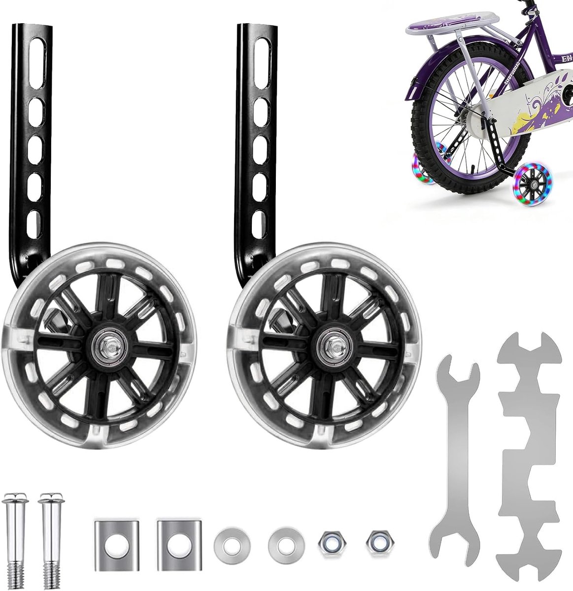 Kinderfiets 2 stuks universele steunwielen verstelbare hulpwielen veiligheidssteunwielen met Mute Flash wielen voor 12 14 16 18 20 inch Single Speed Bike (zwart)