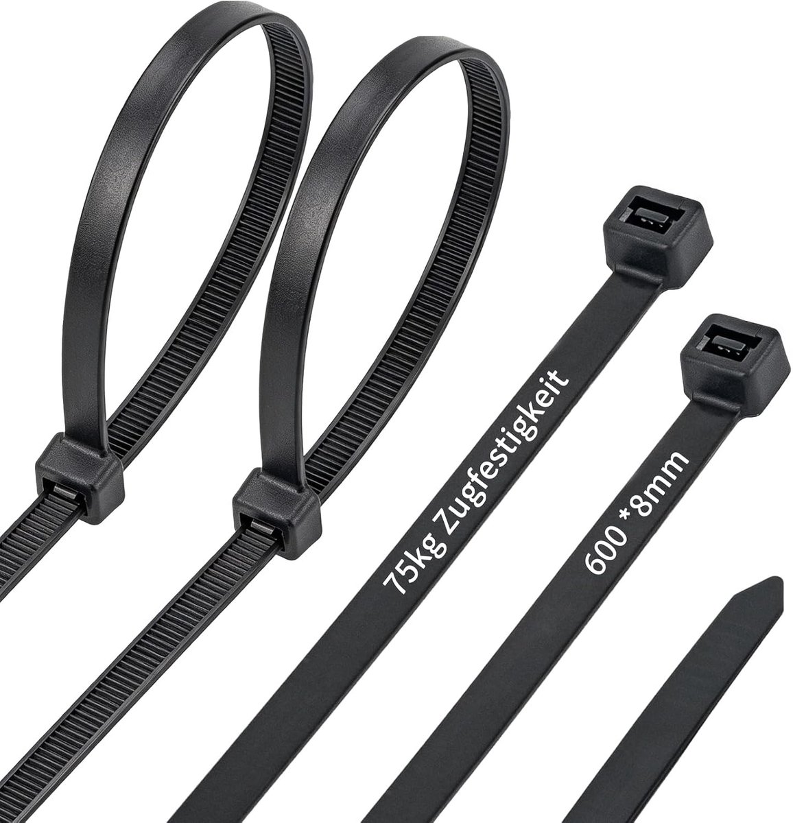 Kabelbinders, zwart, 300/400/500 mm, met 75 kg treksterkte, uv-bestendig, ultra sterk, voor binnen en buiten, multifunctionele zelfborgende industrie (60 cm)